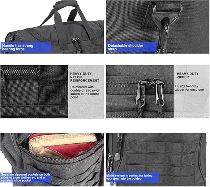 HYKING Gym Bag for Women & Men Tactical Duffle Military Weekender Work Out Lightweight Waterproof Sports Tote Shoe Pocket Black