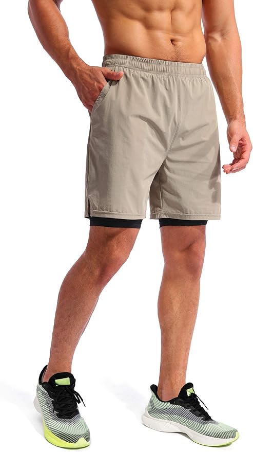 Pudolla Men’s 2 in 1 Running Shorts 5" Quick Dry Gym Athletic Workout Shorts for Men with Phone Pockets