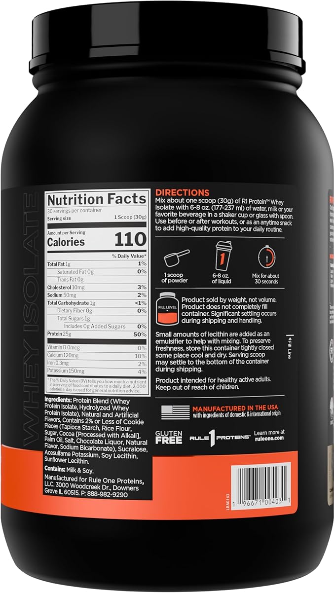 Rule 1 R1 Protein Whey Isolate - with 25g Protein & 6g BCAA Exclusively from Isolated & Hydrolyzed Sources for Workout Recovery (2 Pounds*, Cookies & Crème)
