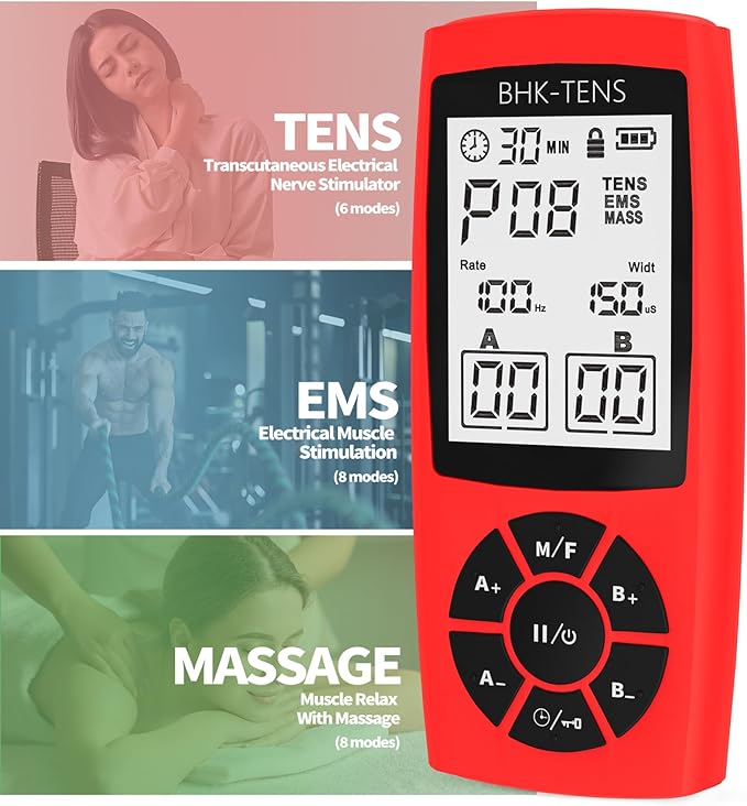 Rechargeable TENS Unit Machine for Pain Relief Therapy, Electronic EMS Muscle Stimulator for Shoulder Pain Relief, TENS&EMS Stimulator for Back Pain, Shoulder Neck Pain Relief, Sciatica Pain, red