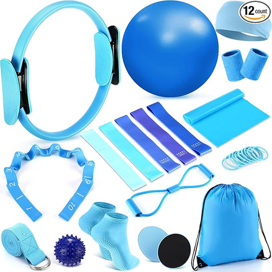 Poen 18 Pcs Pilates Ring Kit Home Pilates Ring Circle and Ball Set for Women Yoga Fitness Set with 5 Resistance Band Stretching Strap Non Slip Sock Ball Core Slider Wristband Headband Gym Bag