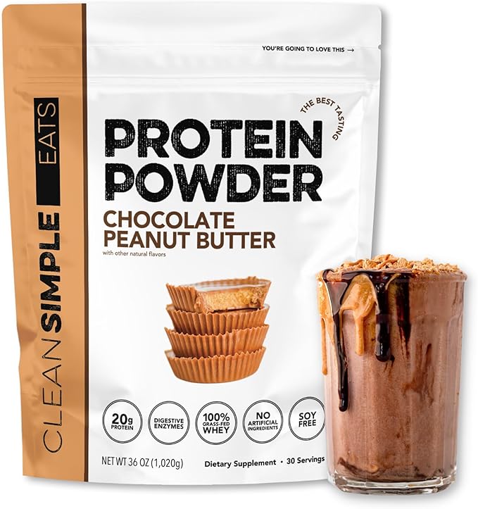 Clean Simple Eats Whey Protein Powder, Chocolate Peanut Butter Flavor Naturally Sweetened, 100% Grass Fed Protein Powder with Digestive Enzymes & No Artificial Ingredients, Gluten Free, 30 Servings