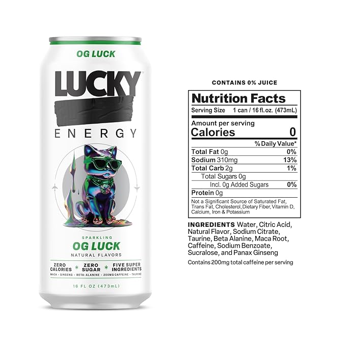 Lucky Energy Sugar Free Energy Drinks 16 Fl Oz Cans (12-Pack) Healthy Energy Drink. OG Luck with Maca, Ginseng, Taurine, Beta-Alanine, 200mg Caffeine
