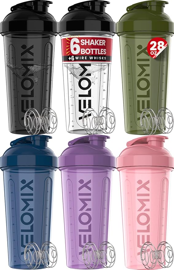 VELOMIX -6 PACK- 28 OZ Protein Shaker Bottles for Protein Mixes, Shaker Cups for Protein Shakes, Small Shaker Bottle Pack, Shaker Cup, Shakers for protein Shakes (Core Series)