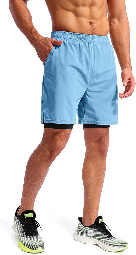 Pudolla Men’s 2 in 1 Running Shorts 5" Quick Dry Gym Athletic Workout Shorts for Men with Phone Pockets