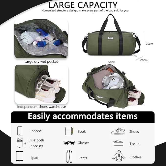 BE SMART Waterproof Mens Gym Bag with Shoe Compartment, Duffle Bag with Wet Pocket for Men, Lightweight Large Sport Duffel Bag With Tpu Pocket (Black/olive green with TPU pocket)