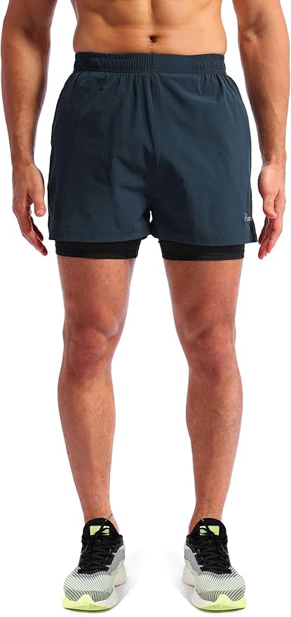 Pudolla Men’s 2 in 1 Running Shorts 5" Quick Dry Gym Athletic Workout Shorts for Men with Phone Pockets
