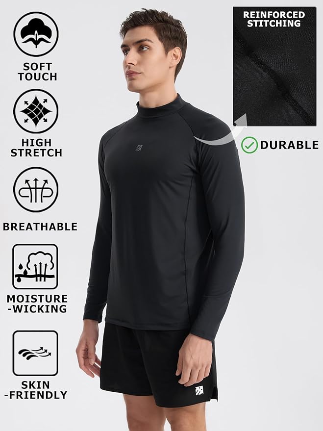 Mens Long Sleeve Turtleneck Workout Shirts Moisture Wicking Mock Neck Double Sides Brushed T-Shirts