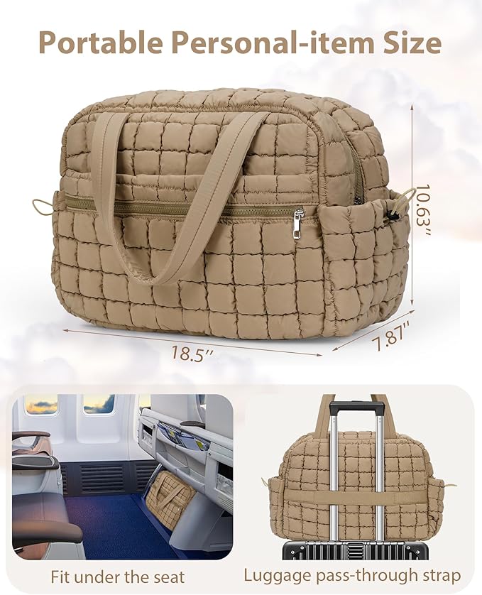 Quilted Duffle Bag for Women Cute Weekender Overnight Bags Lightweight Soft Puffer Travel Duffel Bags Carry On Gym Bag