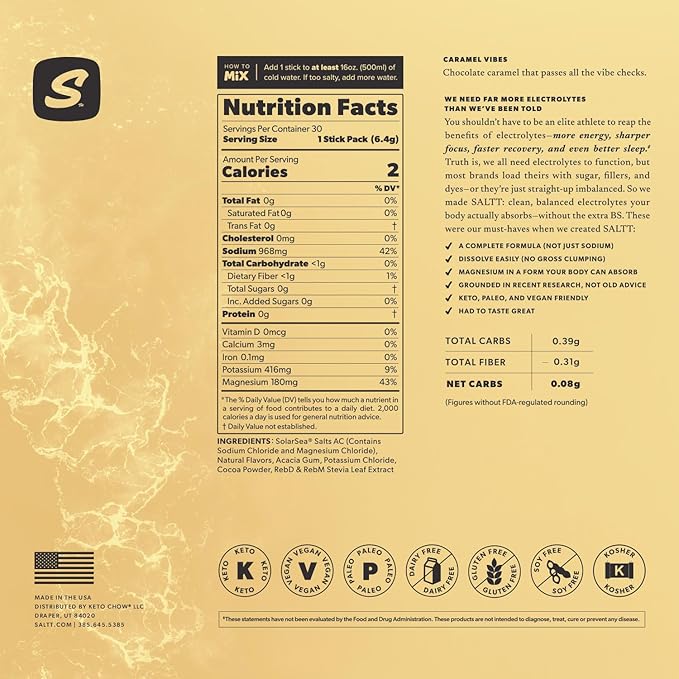 SALTT Electrolytes Powder Flavored Drink Mix - Caramel Vibes - 30 Hydration Packets - Magnesium, Potassium, Sodium, Trace Minerals - Zero Sugar & Gluten Free - Travel Essentials