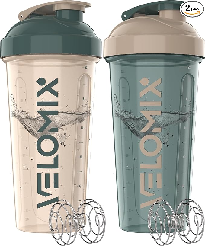VELOMIX -2 Pack- 28 oz Protein Shaker Bottles for Protein Mixes - 2x Wire Whisk | Leak Proof Shaker Cups for Protein Shakes | Protein Shaker Bottle Pack | Shakers for Protein Shakes-Blue&Beige