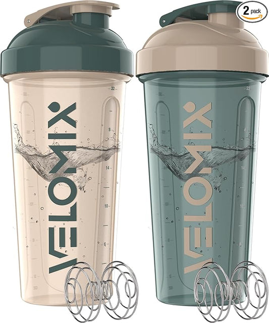 VELOMIX -2 Pack- 28 oz Protein Shaker Bottles for Protein Mixes - 2x Wire Whisk | Leak Proof Shaker Cups for Protein Shakes | Protein Shaker Bottle Pack | Shakers for Protein Shakes-Blue&Beige