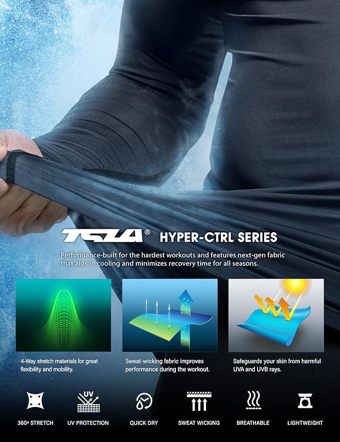 TSLA Men's UPF 50+ Compression Shirts, Cool Dry Long Sleeve Athletic Tops, Sports Baselayer Workout Shirt