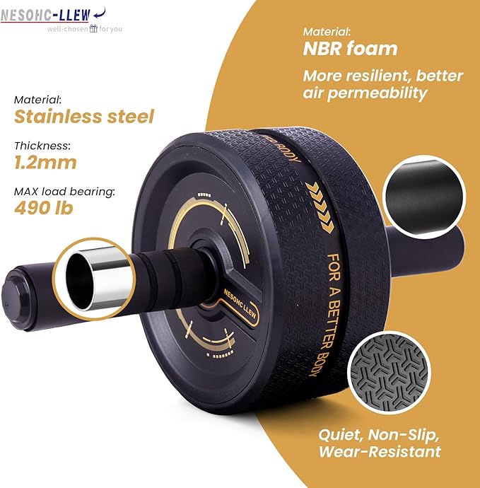 Upgraded Ab Roller Wheel. Abdominal Training Roller for Men/Women, Abdominal Wheels Widened to 3.4 ", Rubber Tread of The Abdominal Wheel Upgraded, Max Weight 490 lbs