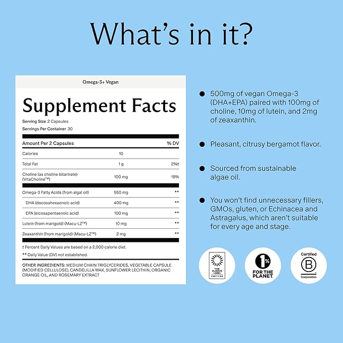 Needed. Prenatal Omega-3 - High Potency Dose of Sustainably Sourced Fish Oil, Bergamot Flavor, 1000mg DHA, 1000mg EPA, Encased in a Gelatin-Free, Plant-Based Softgel Shell, 30-Day Supply