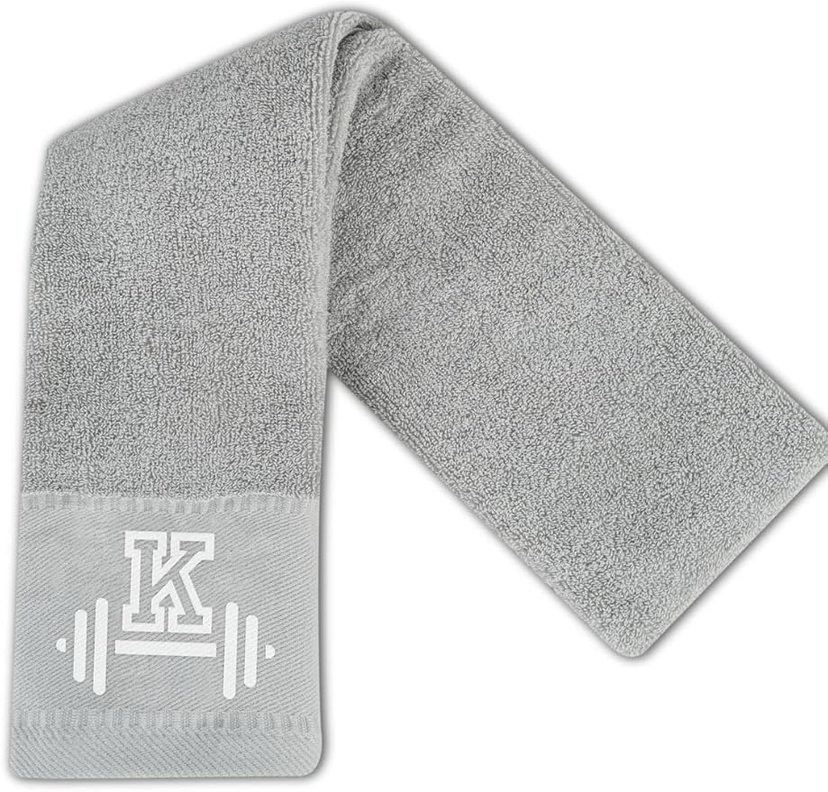 Gym Towel, Personalized Workout Gifts for Men, Women, Sports Lover, Exercise Fitness Gift for Gym Enthusiast on Birthday, Christmas, Soft and Absorbent Towel, Gray, Initial K