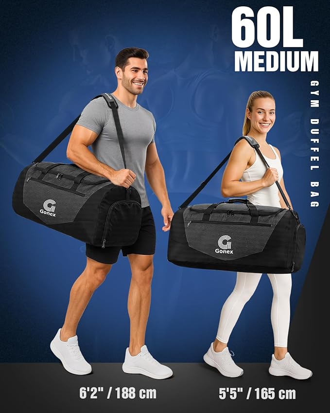 Gonex Gym Duffel Bag with Shoe Compartment Wet Pocket, Large Capacity Sports Duffle Bag for Men Women, Workout & Travel Bag with Multiple Pockets, Black, Medium (60L)