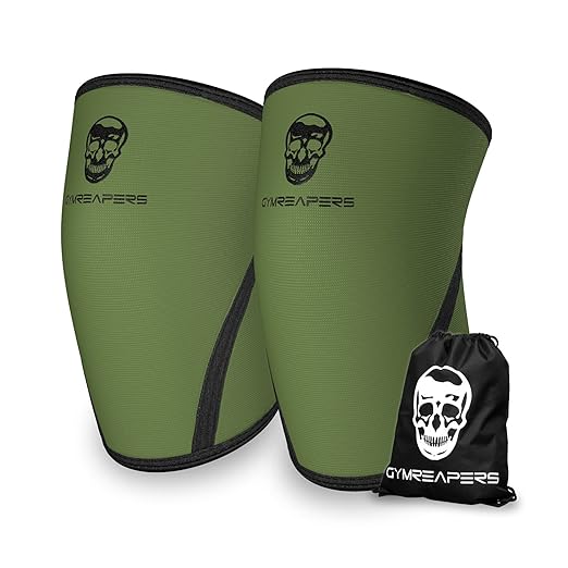 Knee Sleeves (Pair w/ Bag) - Knee Compression Sleeve Support for Squats, Weightlifting, and Powerlifting - Gymreapers 7MM Neoprene Sleeves - 1 Year Warranty (Military Green/Black, Large)