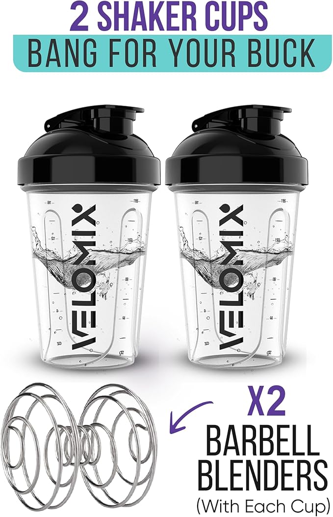 VELOMIX -2 Pack- 20 oz Protein Shaker Bottles for Protein Mixes - 2x Wire Whisk | Leak Proof Shaker Cups for Protein Shakes and Pre Workout | Protein Shaker Bottle Pack (Clear Prime)