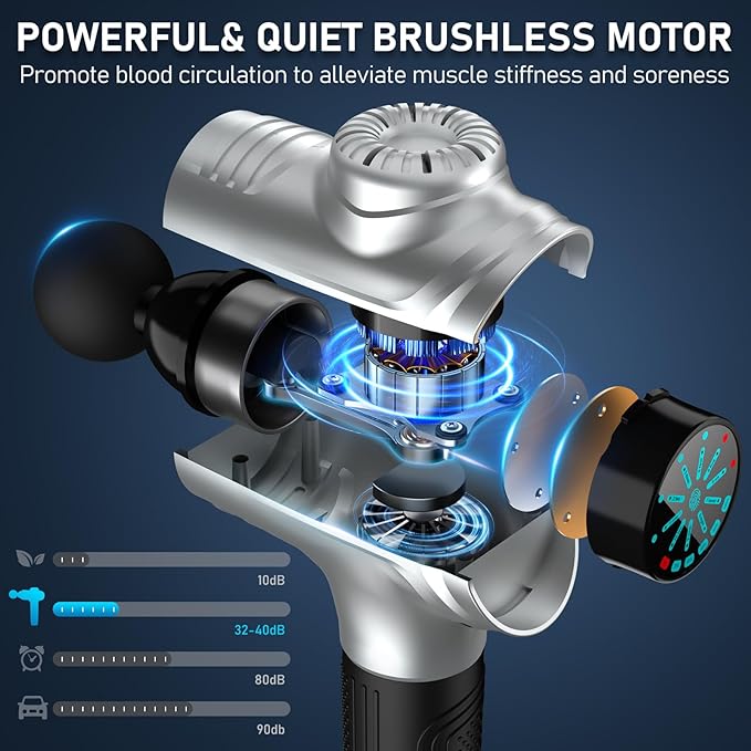 RAEMAO Massage Gun, Handheld Electric Deep Tissue Muscle Massager for Athletes for Pain Relief Attaching 8 Replacement Heads, Percussion Massager with 10 Speeds, Father's Day Gifts, Silver