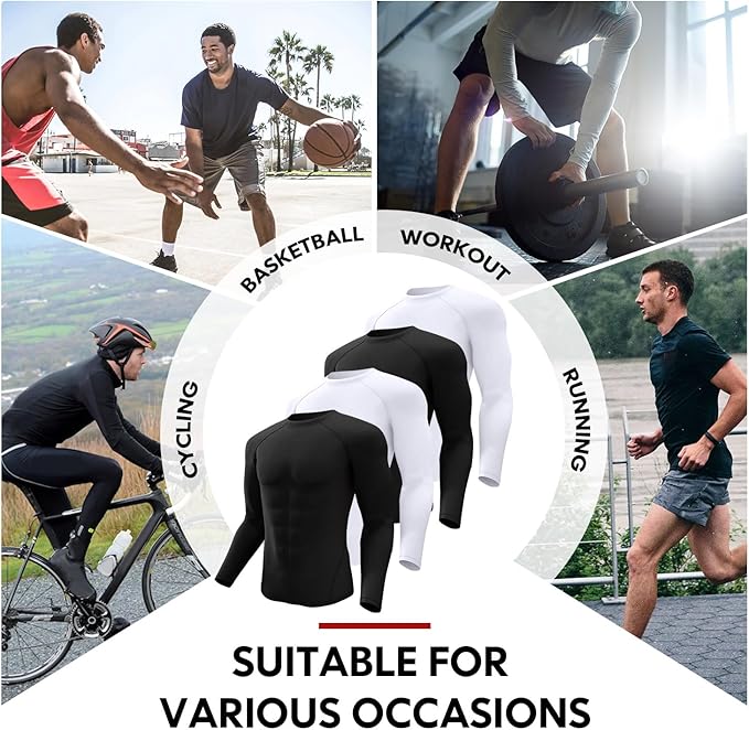 CL convallaria 4 Pack Compression Shirts Men Long Short Sleeve Cooling Dry Rash Guard Athletic Workout T Shirt for Sports