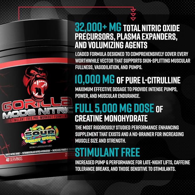 Gorilla Mind - Gorilla Mode Nitric Upgraded Stimulant Free Pre-Workout – Best Tasting and Most Effective Stimulant Free Pre-Workout/Massive Pumps · Vasodilation · Power / 768 Grams (Volcano Burst)