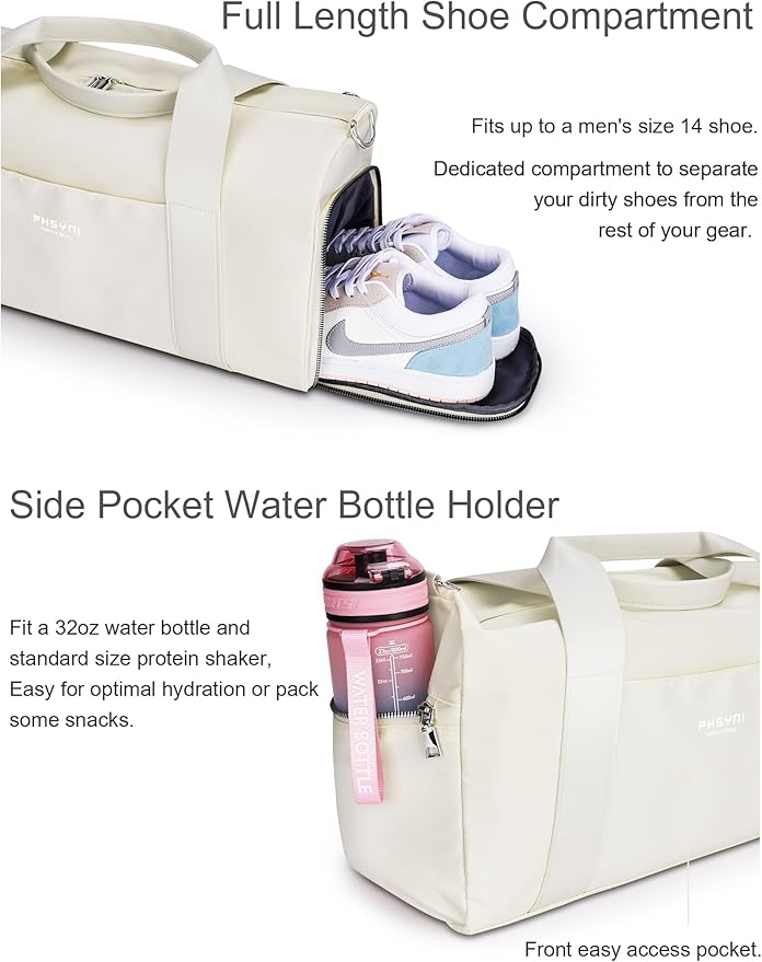 Gym Bag for Women and Men with Shoe Compartment & Wet Pocket - Duffle Bag for Travel Sports Fitness Workout Athletic, 19"-Medium, Beige