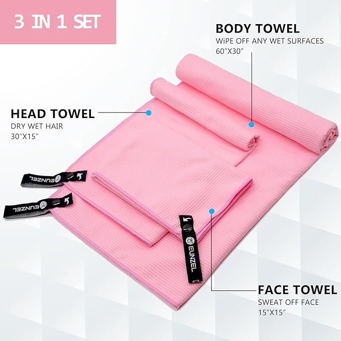 Eunzel Quick Dry Camping Towel, Microfibre Ribbed Towel Travel Towel 3 Sizes 1 Pack Fast Drying Towel Set for Camping, Beach, Gym, Sports, Yoga & Swimming Pool, Pink
