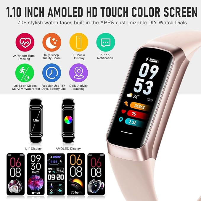 Fitness Tracker, Step Tracker with 24/7 Heart Rate, Blood Pressure, Activity Tracker with 1.1" AMOLED Touch Color Screen, Pedometer Sleep Calorie Tracker Counter, Fitness Watch for Android iOS