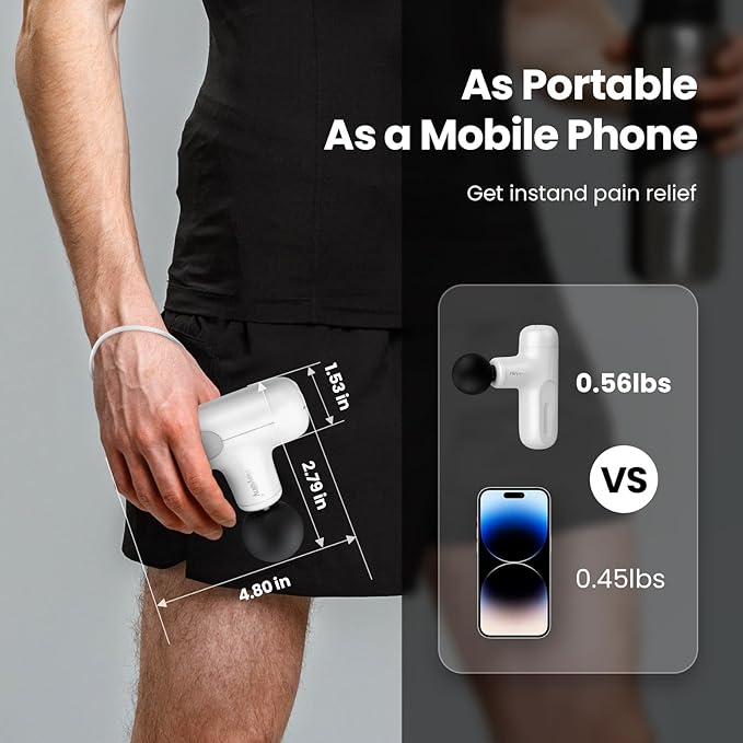 Super Mini Massage Gun Deep Tissue with 5 Speeds, Small Travel Size Percussion Muscle Massager for Pain Relief with 4 Attachments, Handheld Portable Massager Gun for Man & Women, White