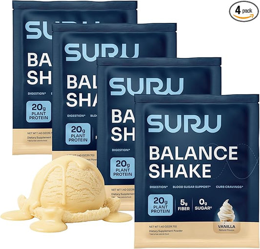 Suru Balance Shake All-in-One with 20g Protein, 140 Cal, 6g Fiber, Low Glycemic + Essential Vitamins, Vanilla, 4 Servings