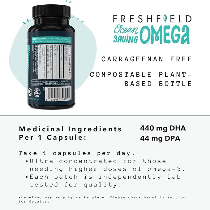 Ocean Saving Omega, Algae Omega 3, DHA Supplement, 2-Month Supply, Sustainably Sourced, Highest Levels of DHA per Capsule (440 mg), w/DPA