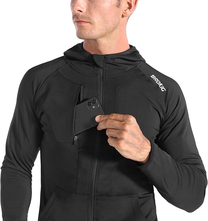 BROKIG Mens WindBreak Lightweight Running Jackets with Zip Pocket, Workout Track Hoodie Athletic Gym Sweatshirts Men