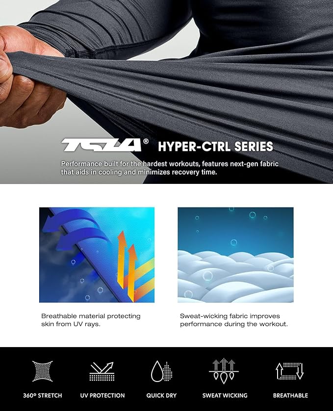 TSLA Men's UPF 50+ Compression Shirts, Cool Dry Long Sleeve Athletic Tops, Sports Baselayer Workout Shirt