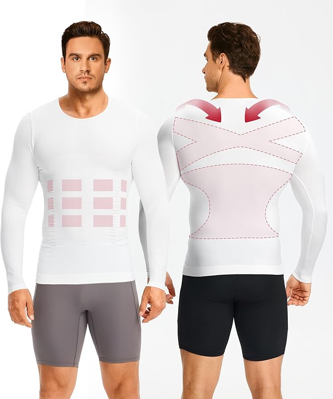 Nebility Shapewear Men Long Sleeve Compression Shirt - Slimming Body Shaper Tummy Control Workout Tank Top Undershirt