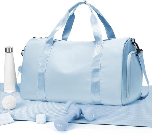 Gym Duffle Bag for Women Carry on Luggage Travel Essentials Airline Approved Personal Item 18x14x8 Inches Lightweight Weekender Sports Travel Duffel Bag with Shoe Compartment Wet Pocket Men LightBlue