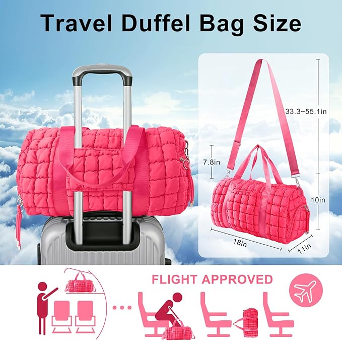 Quilted Travel Duffle Bag Gym Bag for Women,Large Puffer Duffle Weekender Bag with Compartment,Workout Overnight Carry on Organizer Bag Duffle Bag for Airplane Travel(Rosered)