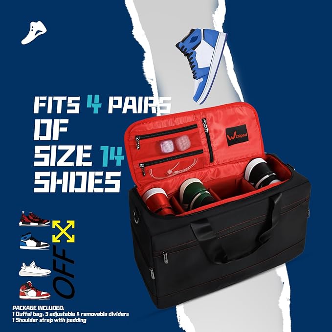 Sneaker Duffel Travel Bag, Waterproof Sneaker Duffle Bags Shoe Bags for Travel, Basketball Sports Gym bag with 3 Adjustable Dividers, & Shoulder Strap