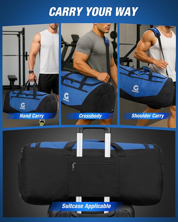 Gonex Gym Duffel Bag with Shoe Compartment Wet Pocket, Large Capacity Sports Duffle Bag for Men Women, Workout & Travel Bag with Multiple Pockets, Black/Blue, Medium (60L)