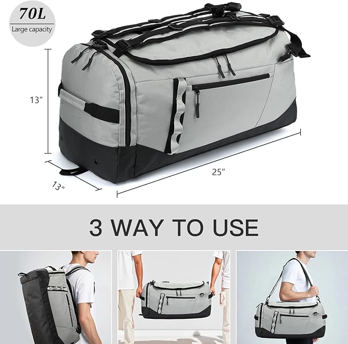 Large Travel Duffle Bag Backpack for Men Women 70L Big Sports Gym Bag with Shoe Compartment Heavy Duty Duffel Bags with Padded Straps for Weekend Overnight Camping, Grey