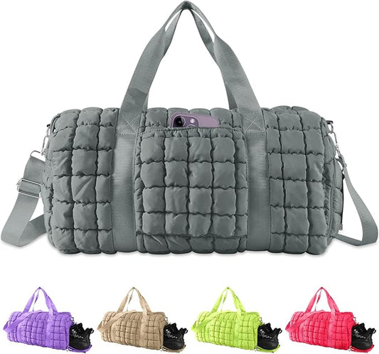 Quilted Travel Duffle Bag Gym Bag for Women,Large Puffer Duffle Weekender Bag with Compartment,Workout Overnight Carry on Organizer Bag Duffle Bag for Airplane Travel(Grey)