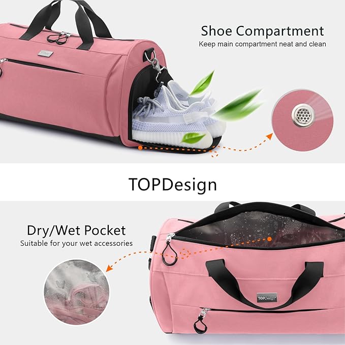 TOPDesign Gym Bag for Women & Men, Unisex Duffel Bag with Shoe Compartment & Wet Pocket for Travel Sports Gym (M Pink)