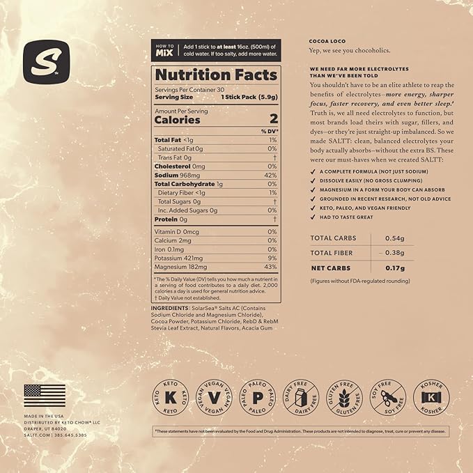SALTT Electrolytes Powder Flavored Drink Mix - Cocoa Loco - 30 Hydration Packets - Magnesium, Potassium, Sodium, Trace Minerals - Zero Sugar & Gluten Free - Travel Essentials