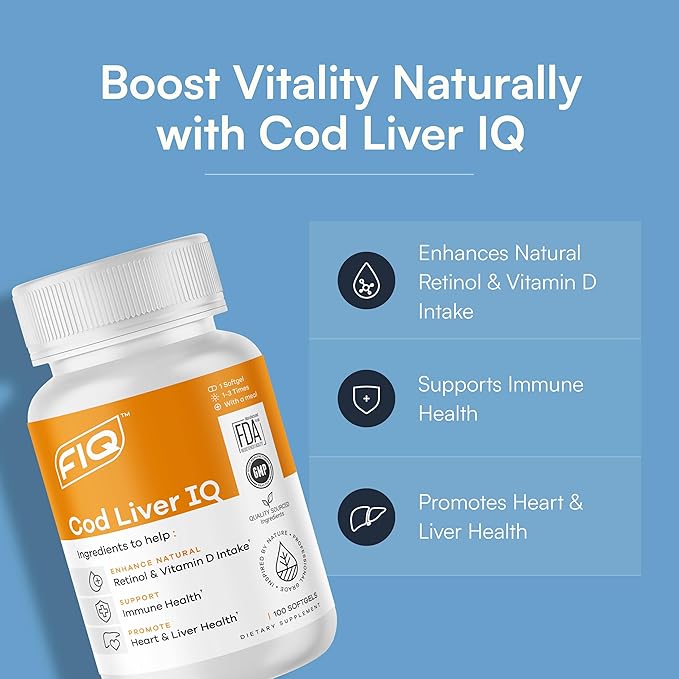 FIQ - Cod Liver IQ - Cod Liver Oil Softgels - Natural Source of Vitamins A & D and Omega-3 Fatty Acids - Heart, Liver & Immune Health - 100 Softgels