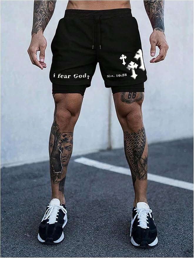 Men's Graphic Shorts with Liner Cross Print Drawstring 2 in 1 Gym Track Bottoms