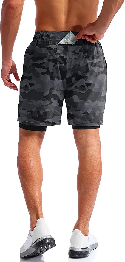 Pudolla Men’s 2 in 1 Running Shorts 5" Quick Dry Gym Athletic Workout Shorts for Men with Phone Pockets