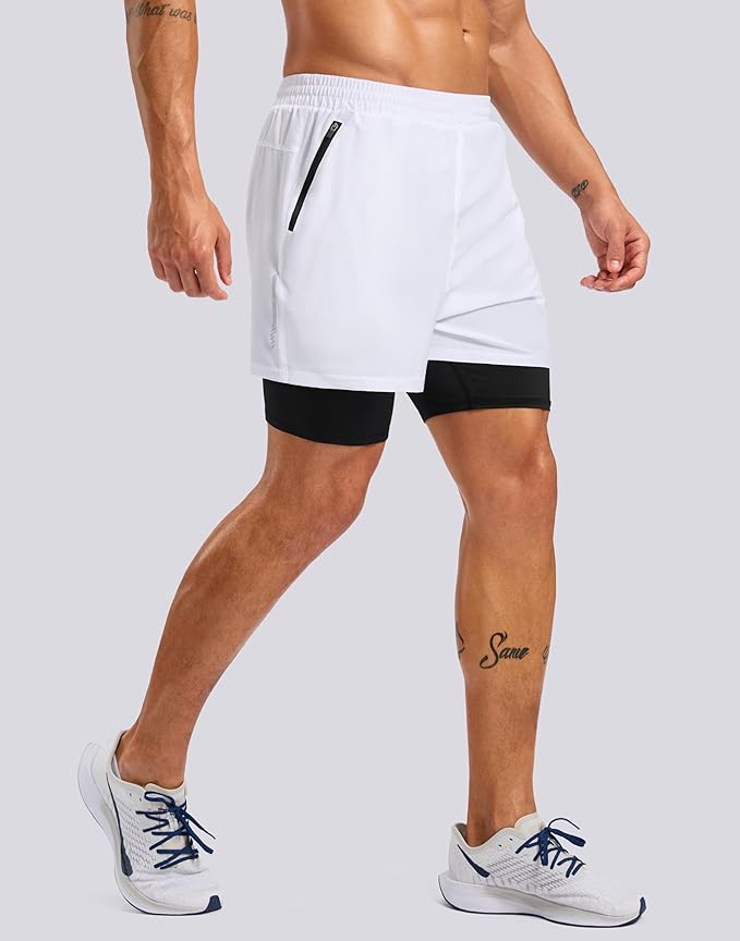 Pudolla Men's 7" Running Shorts with Zipper Pockets Quick Dry 2 in 1 Workout Gym Shorts with Liner for Tennis Yoga Training