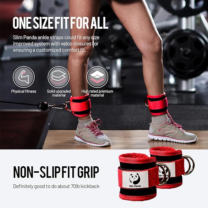 Slim Panda Ankle Strap for Cable Machine,Ankle Cuff for Kickbacks, Booty Hip Abductors,Glute Workouts, Leg Extensions, Curls for Men and Women, Adjustable with Double D-Rings