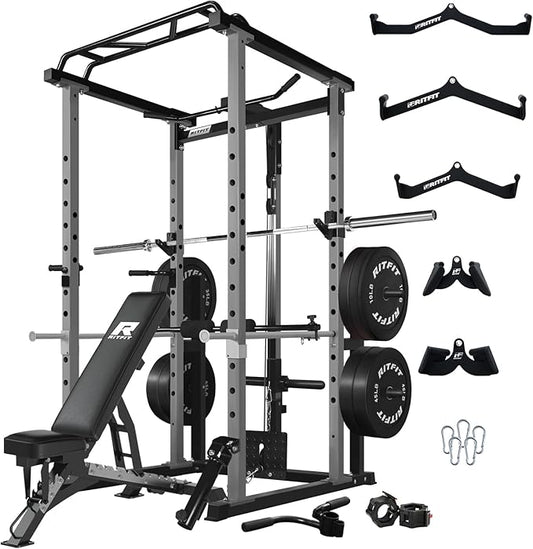 RitFit Power Cage with Optional LAT PullDown/Cable Crossover, 1000LB Squat Rack for Home & Garage Gym, with Weight Storage Rack and More Training Attachments, ASTM-Certified
