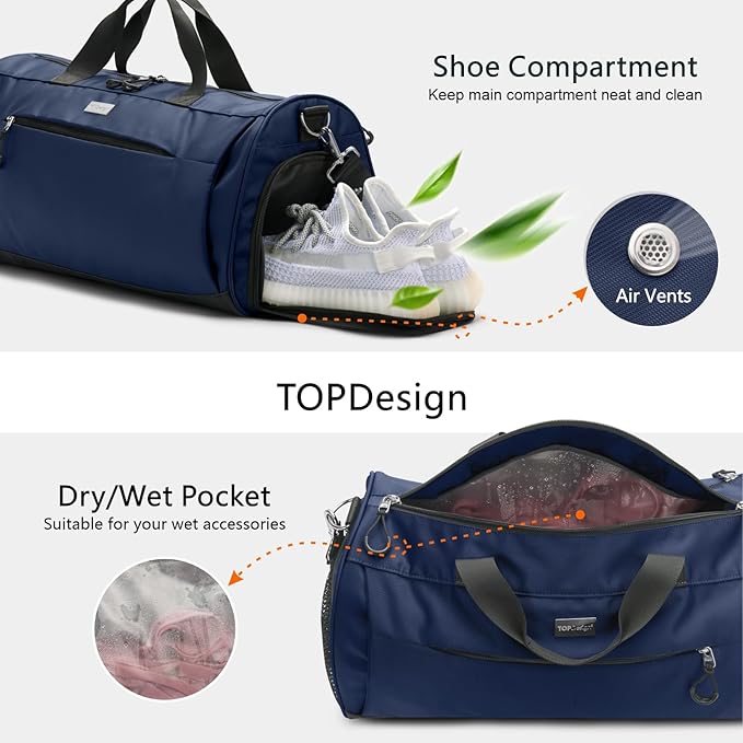 TOPDesign Gym Bag for Women & Men, Unisex Duffel Bag with Shoe Compartment & Wet Pocket for Travel Sports Gym (M Blue)
